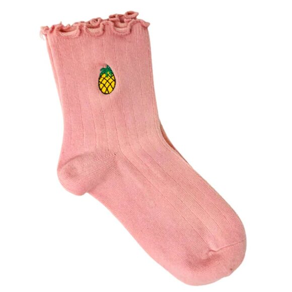 NWT Summer Picnic Pink Pineapple Embroidered Ruffle Socks - Picture 1 of 5